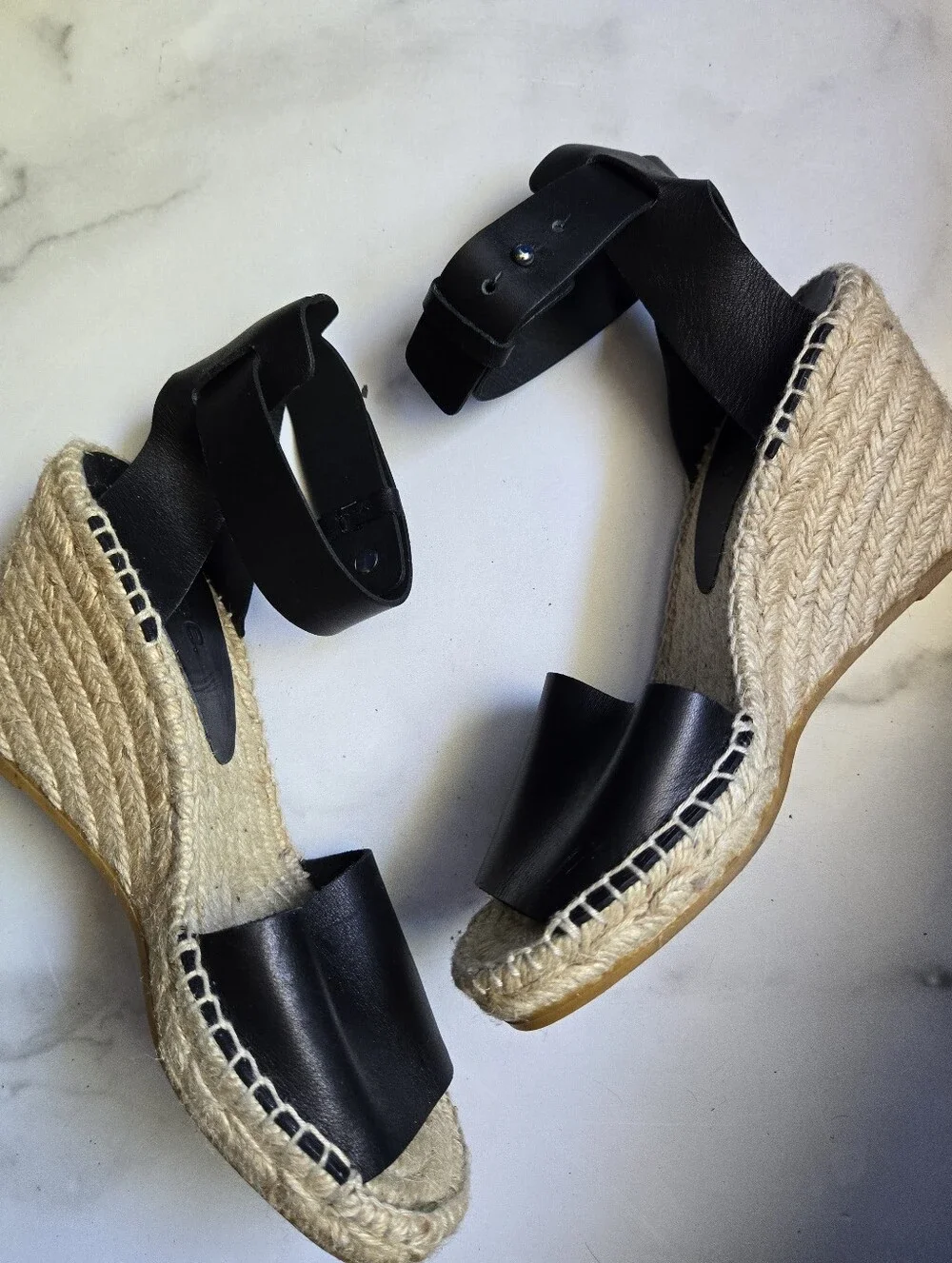 Vince Sophie Black Leather Wedge Espadrilles Simona Sandal Size 37